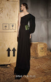 MNM Couture Style N0667 black rayon crepe column dress with asymmetric neckline & unique one-sleeve design. | Couture Shop LA