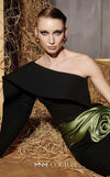 MNM Couture Style N0667 black rayon crepe column dress with asymmetric neckline & unique one-sleeve design. | Couture Shop LA