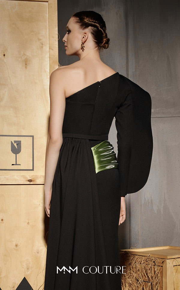 MNM Couture Style N0667 black rayon crepe column dress with asymmetric neckline & unique one-sleeve design. | Couture Shop LA