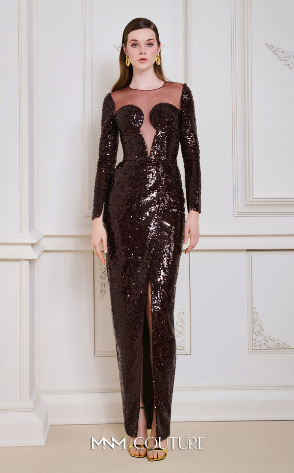 MNM Couture N0668 brown sequin gown with a fitted silhouette, long sleeves, illusion asymmetric neckline, and a high front slit. | Couture Shop LA