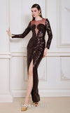 MNM Couture N0668 brown sequin gown with a fitted silhouette, long sleeves, illusion asymmetric neckline, and a high front slit. | Couture Shop LA