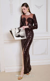 MNM Couture N0668 brown sequin gown with a fitted silhouette, long sleeves, illusion asymmetric neckline, and a high front slit. | Couture Shop LA