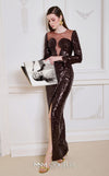 MNM Couture N0668 brown sequin gown with a fitted silhouette, long sleeves, illusion asymmetric neckline, and a high front slit. | Couture Shop LA