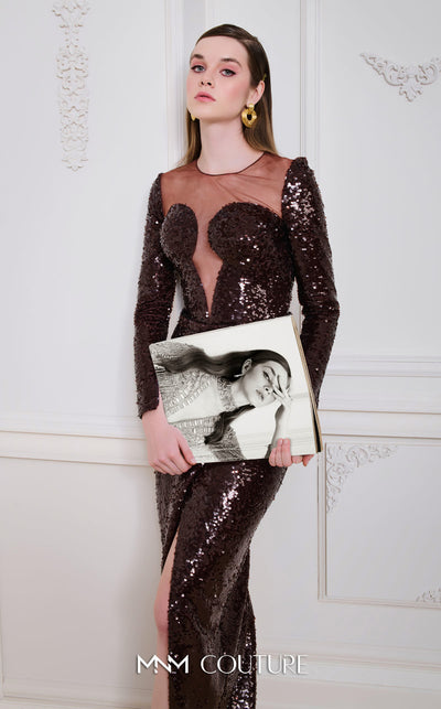 MNM Couture N0668 brown sequin gown with a fitted silhouette, long sleeves, illusion asymmetric neckline, and a high front slit. | Couture Shop LA