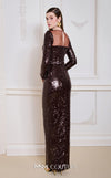 MNM Couture N0668 brown sequin gown with a fitted silhouette, long sleeves, illusion asymmetric neckline, and a high front slit. | Couture Shop LA