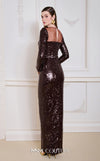 MNM Couture N0668 brown sequin gown with a fitted silhouette, long sleeves, illusion asymmetric neckline, and a high front slit. | Couture Shop LA