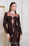 MNM Couture N0668 brown sequin gown with a fitted silhouette, long sleeves, illusion asymmetric neckline, and a high front slit. | Couture Shop LA