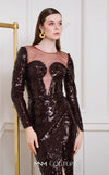 MNM Couture N0668 brown sequin gown with a fitted silhouette, long sleeves, illusion asymmetric neckline, and a high front slit. | Couture Shop LA