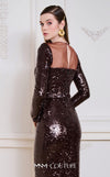 MNM Couture N0668 brown sequin gown with a fitted silhouette, long sleeves, illusion asymmetric neckline, and a high front slit. | Couture Shop LA