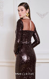 MNM Couture N0668 brown sequin gown with a fitted silhouette, long sleeves, illusion asymmetric neckline, and a high front slit. | Couture Shop LA