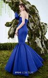 Royal blue rayon crepe bespoke evening wear with asymmetrical bow MNM Couture N0669