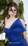 Royal blue rayon crepe bespoke evening wear with asymmetrical bow MNM Couture N0669
