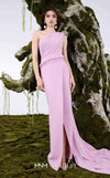 MNM Couture N0671 crepe one-shoulder column gown with ruched toga drape, wide braided crepe belt, asymmetric wrap-front skirt, extra-long left-shoulder cape train, and open back | Couture Shop LA.