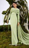 MNM Couture N0672 light green column gown with long-sleeve halter neck, pleated bust, and a single-sided long cape. | Couture Shop LA