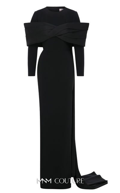 MNM Couture N0672 light green column gown with long-sleeve halter neck, pleated bust, and a single-sided long cape. | Couture Shop LA