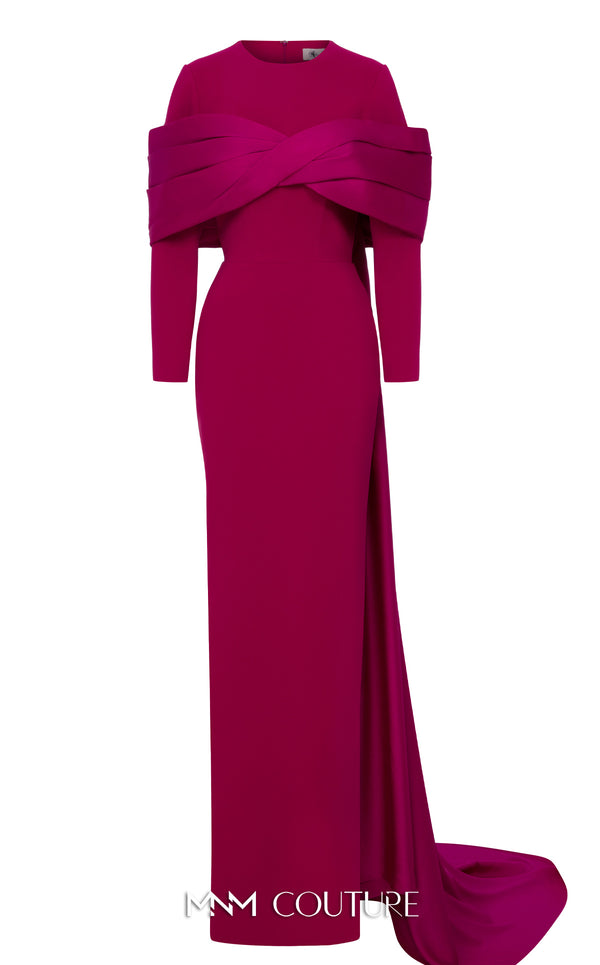 MNM Couture N0672 light green column gown with long-sleeve halter neck, pleated bust, and a single-sided long cape. | Couture Shop LA