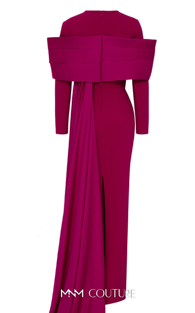 MNM Couture N0672 light green column gown with long-sleeve halter neck, pleated bust, and a single-sided long cape. | Couture Shop LA