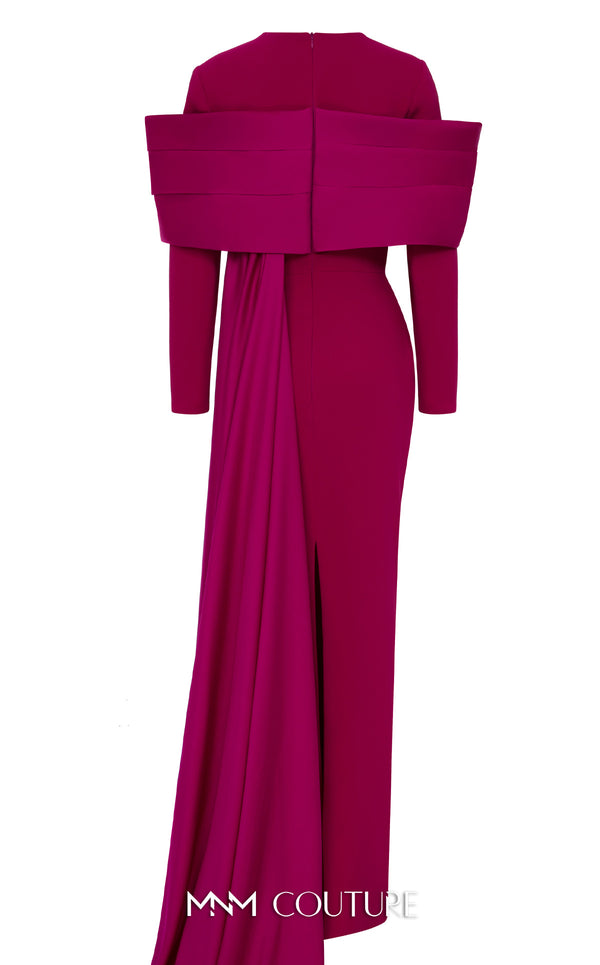 MNM Couture N0672 light green column gown with long-sleeve halter neck, pleated bust, and a single-sided long cape. | Couture Shop LA