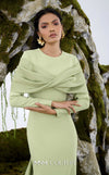 MNM Couture N0672 light green column gown with long-sleeve halter neck, pleated bust, and a single-sided long cape. | Couture Shop LA