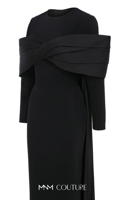 MNM Couture N0672 light green column gown with long-sleeve halter neck, pleated bust, and a single-sided long cape. | Couture Shop LA