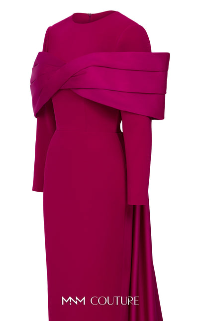 MNM Couture N0672 light green column gown with long-sleeve halter neck, pleated bust, and a single-sided long cape. | Couture Shop LA