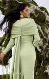 MNM Couture N0672 light green column gown with long-sleeve halter neck, pleated bust, and a single-sided long cape. | Couture Shop LA