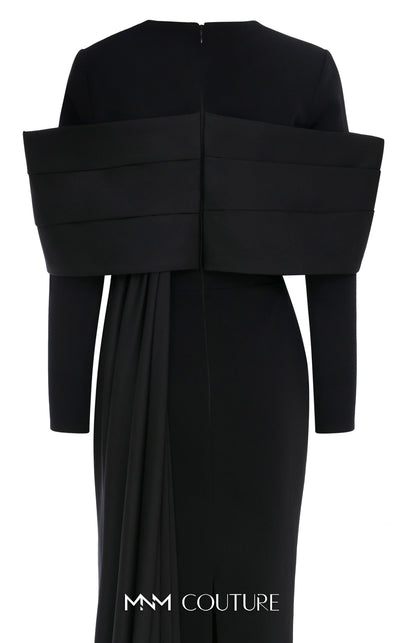 MNM Couture N0672 light green column gown with long-sleeve halter neck, pleated bust, and a single-sided long cape. | Couture Shop LA