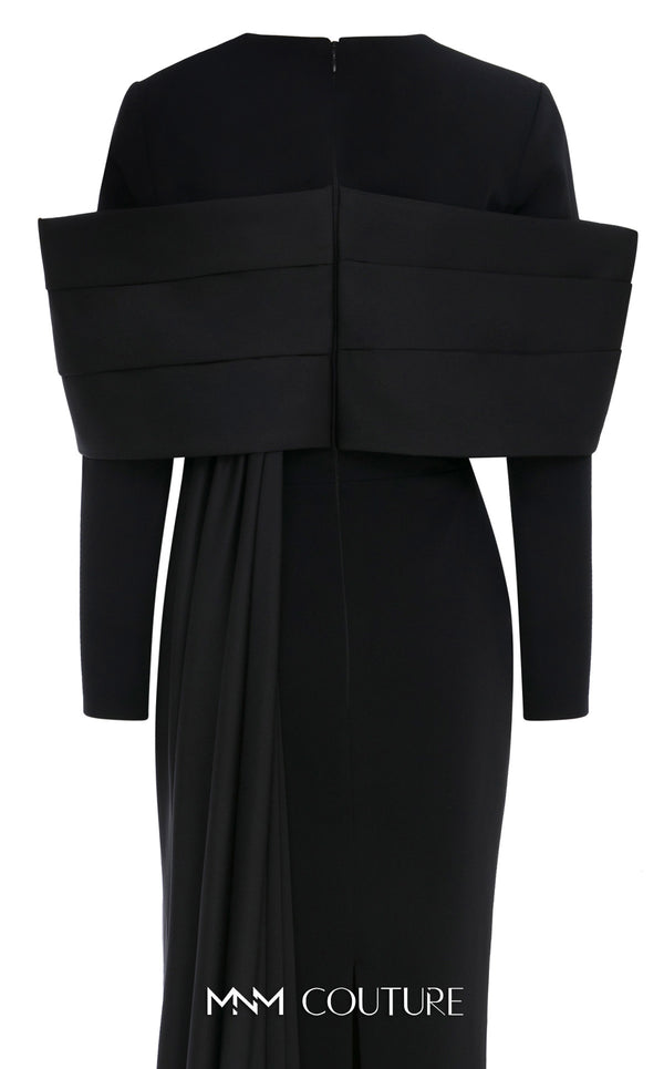 MNM Couture N0672 light green column gown with long-sleeve halter neck, pleated bust, and a single-sided long cape. | Couture Shop LA