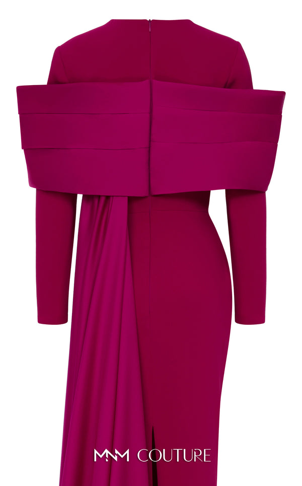 MNM Couture N0672 light green column gown with long-sleeve halter neck, pleated bust, and a single-sided long cape. | Couture Shop LA