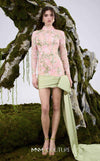 MNM Couture N0673 beige and light green embroidered mini dress with a high neckline, long sleeves, and an oversized silk bow with a long train. | Couture Shop LA