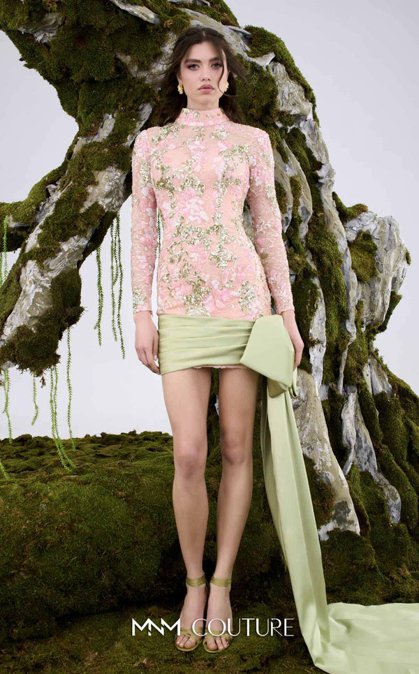 MNM Couture N0673 beige and light green embroidered mini dress with a high neckline, long sleeves, and an oversized silk bow with a long train. | Couture Shop LA