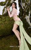 MNM Couture N0673 beige and light green embroidered mini dress with a high neckline, long sleeves, and an oversized silk bow with a long train. | Couture Shop LA