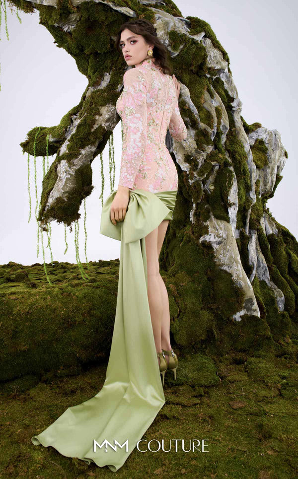 MNM Couture N0673 beige and light green embroidered mini dress with a high neckline, long sleeves, and an oversized silk bow with a long train. | Couture Shop LA
