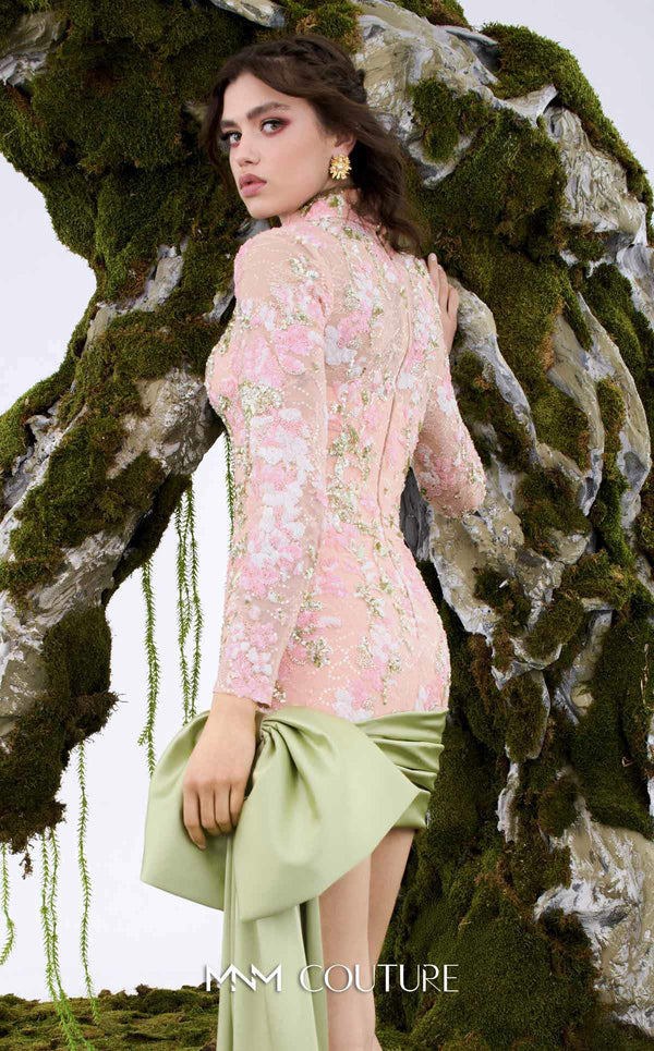 MNM Couture N0673 beige and light green embroidered mini dress with a high neckline, long sleeves, and an oversized silk bow with a long train. | Couture Shop LA