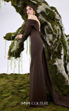 MNM Couture Style N0674 showcasing a brown fitted column gown with straight-across pleated neckline, long sleeves, asymmetrical design, flower brooch, and flowing train | Couture Shop LA