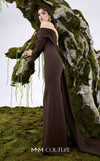 MNM Couture Style N0674 showcasing a brown fitted column gown with straight-across pleated neckline, long sleeves, asymmetrical design, flower brooch, and flowing train | Couture Shop LA