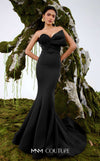 MNM Couture Style N0676 in mocha, showcasing a mermaid silhouette with an asymmetric sweetheart neckline, a half-bow detail on the bust, braided strap accents, and a long train. | Couture Shop LA