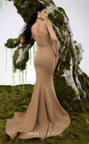 MNM Couture Style N0676 in mocha, showcasing a mermaid silhouette with an asymmetric sweetheart neckline, a half-bow detail on the bust, braided strap accents, and a long train. | Couture Shop LA