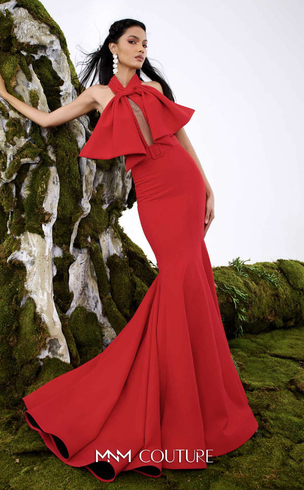 Red rayon crepe haute couture mermaid dress with oversized bow MNM Couture N0678