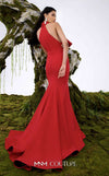Red rayon crepe haute couture mermaid dress with oversized bow MNM Couture N0678
