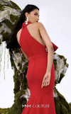 Red rayon crepe haute couture mermaid dress with oversized bow MNM Couture N0678
