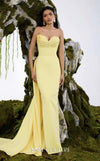 MNM Couture N0687 fitted column gown with an asymmetric pleated sweetheart bodice, braided straps, and a long train. | Couture Shop LA