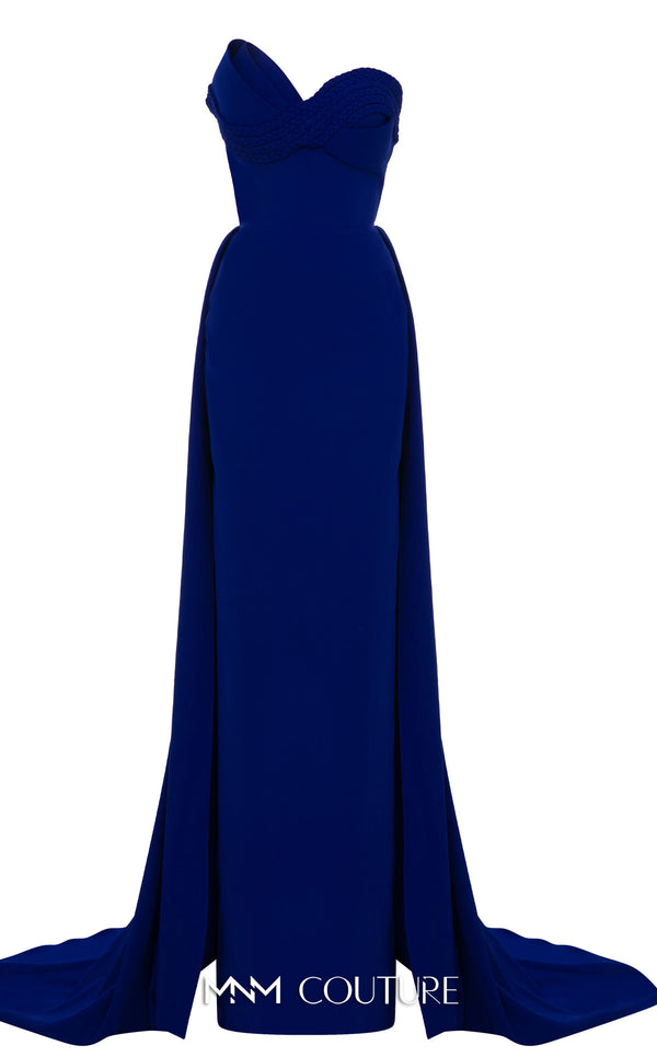 MNM Couture N0687 fitted column gown with an asymmetric pleated sweetheart bodice, braided straps, and a long train. | Couture Shop LA