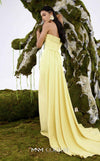 MNM Couture N0687 fitted column gown with an asymmetric pleated sweetheart bodice, braided straps, and a long train. | Couture Shop LA