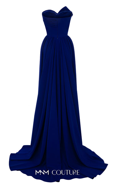 MNM Couture N0687 fitted column gown with an asymmetric pleated sweetheart bodice, braided straps, and a long train. | Couture Shop LA