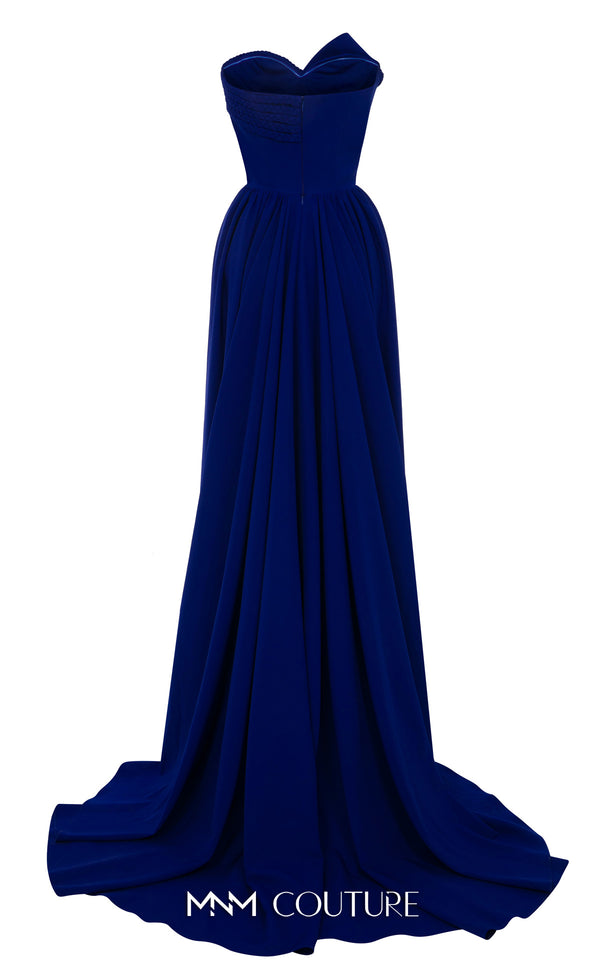 MNM Couture N0687 fitted column gown with an asymmetric pleated sweetheart bodice, braided straps, and a long train. | Couture Shop LA