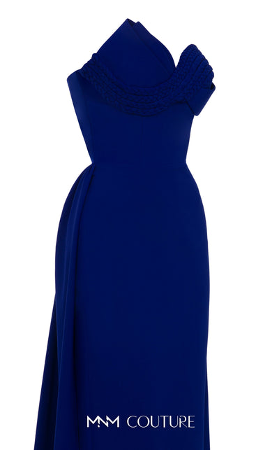 MNM Couture N0687 fitted column gown with an asymmetric pleated sweetheart bodice, braided straps, and a long train. | Couture Shop LA