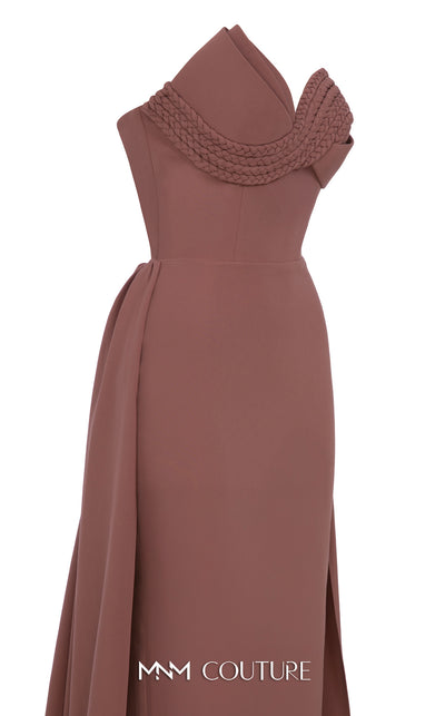 MNM Couture N0687 fitted column gown with an asymmetric pleated sweetheart bodice, braided straps, and a long train. | Couture Shop LA