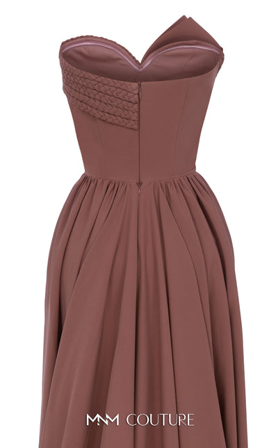 MNM Couture N0687 fitted column gown with an asymmetric pleated sweetheart bodice, braided straps, and a long train. | Couture Shop LA