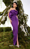 MNM Couture N0688 rayon crepe column gown with a pleated asymmetric sweetheart neckline and a center slit above the knee. | Couture Shop LA